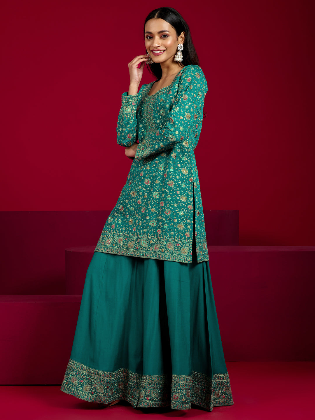 Libas Art Green Embroidered Silk Blend Straight Suit With Dupatta