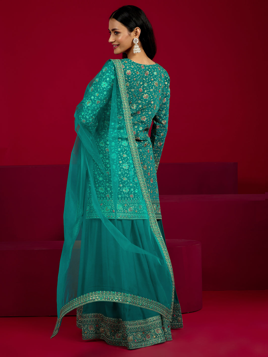 Libas Art Green Embroidered Silk Blend Straight Suit With Dupatta