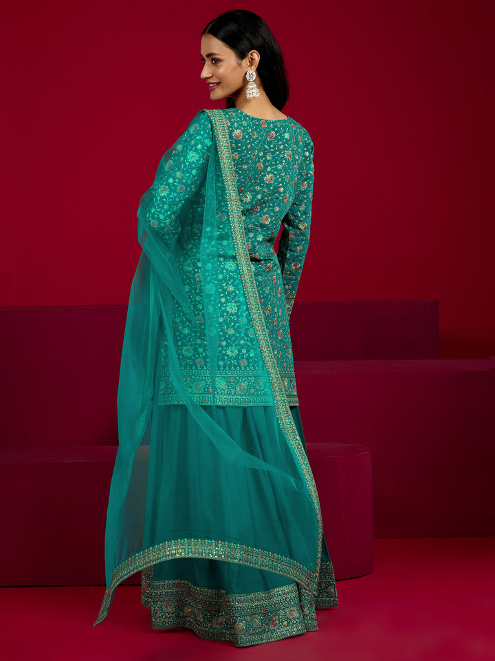 Libas Art Green Embroidered Silk Blend Straight Suit With Dupatta