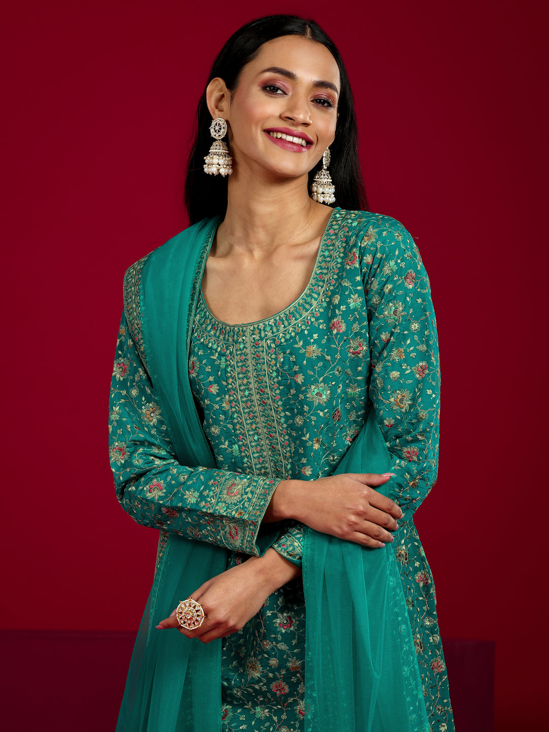 Libas Art Green Embroidered Silk Blend Straight Suit With Dupatta