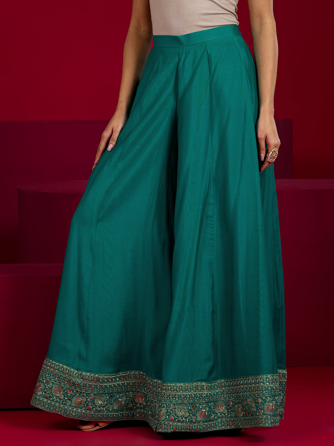 Libas Art Green Embroidered Silk Blend Straight Suit With Dupatta