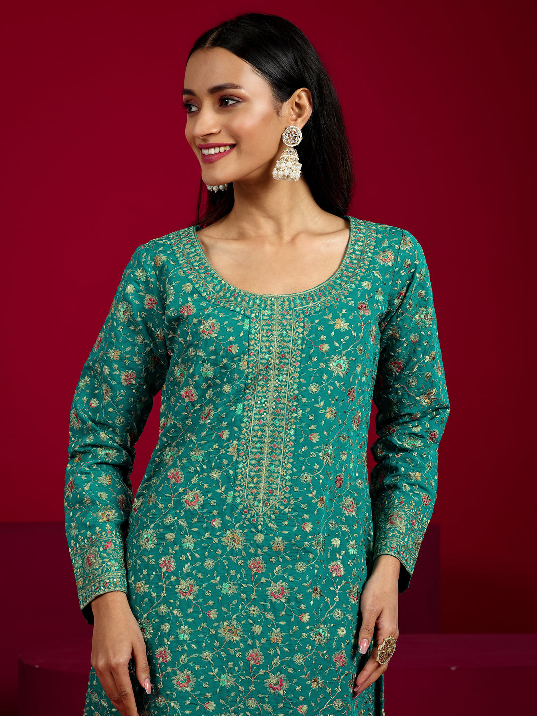 Libas Art Green Embroidered Silk Blend Straight Suit With Dupatta