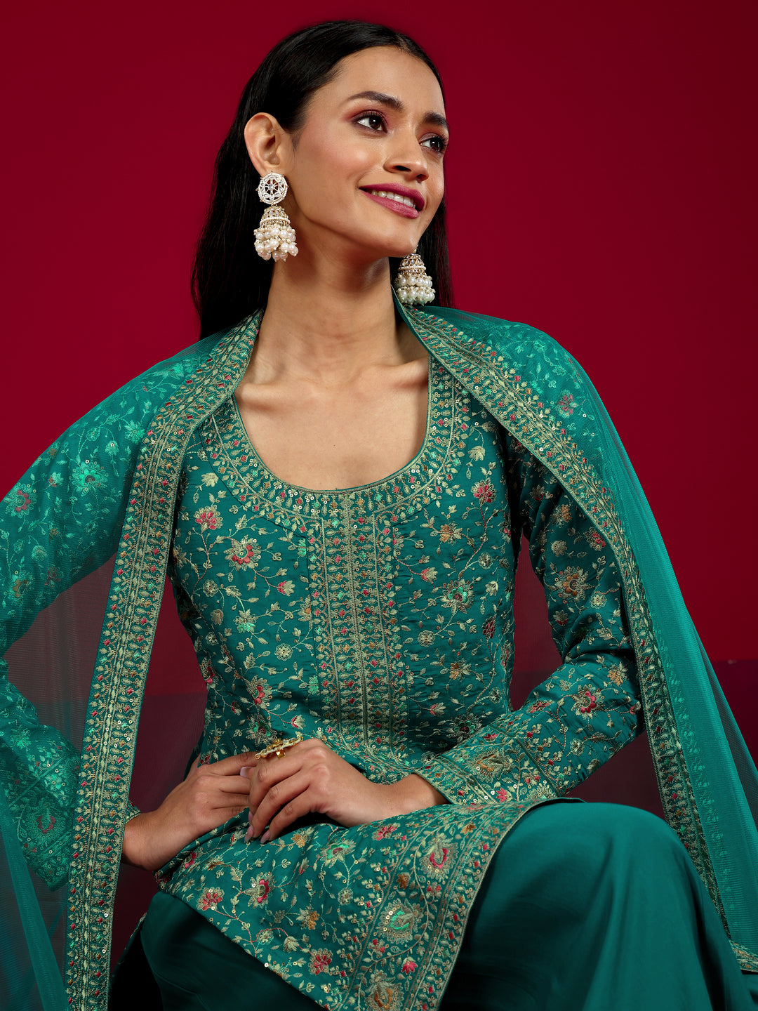 Libas Art Green Embroidered Silk Blend Straight Suit With Dupatta