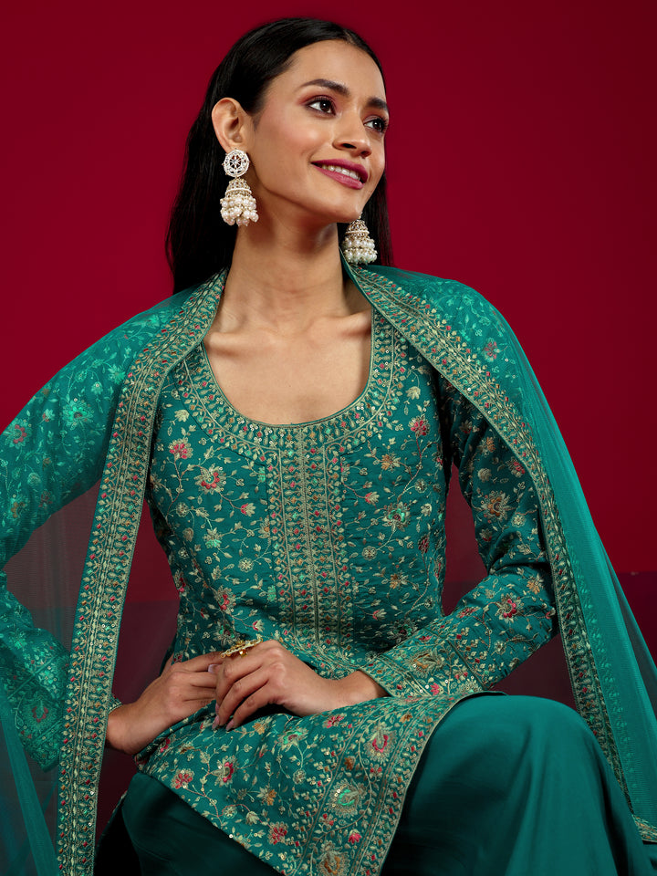 Libas Art Green Embroidered Silk Blend Straight Suit With Dupatta