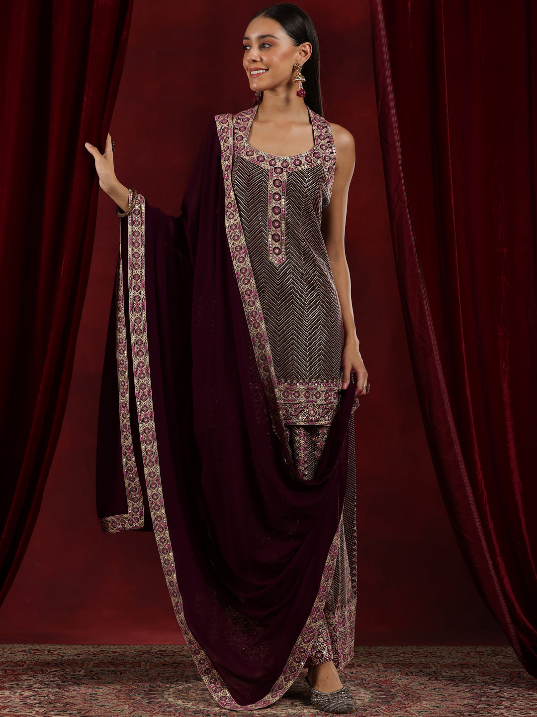 Zarina Libas Libas Art Wine Embroidered Georgette Straight Suit With Dupatta