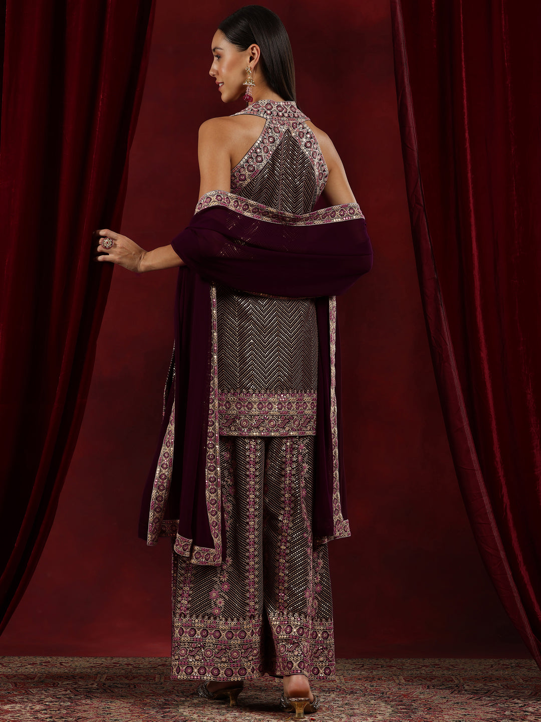 Zarina Libas Libas Art Wine Embroidered Georgette Straight Suit With Dupatta
