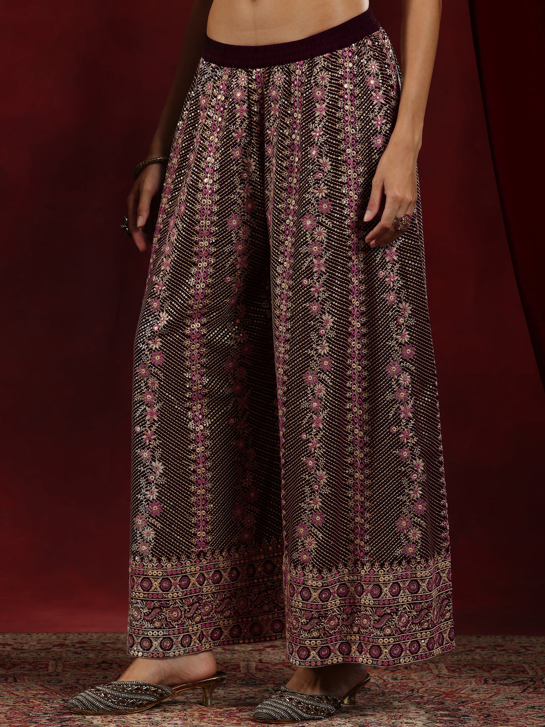 Zarina Libas Libas Art Wine Embroidered Georgette Straight Suit With Dupatta