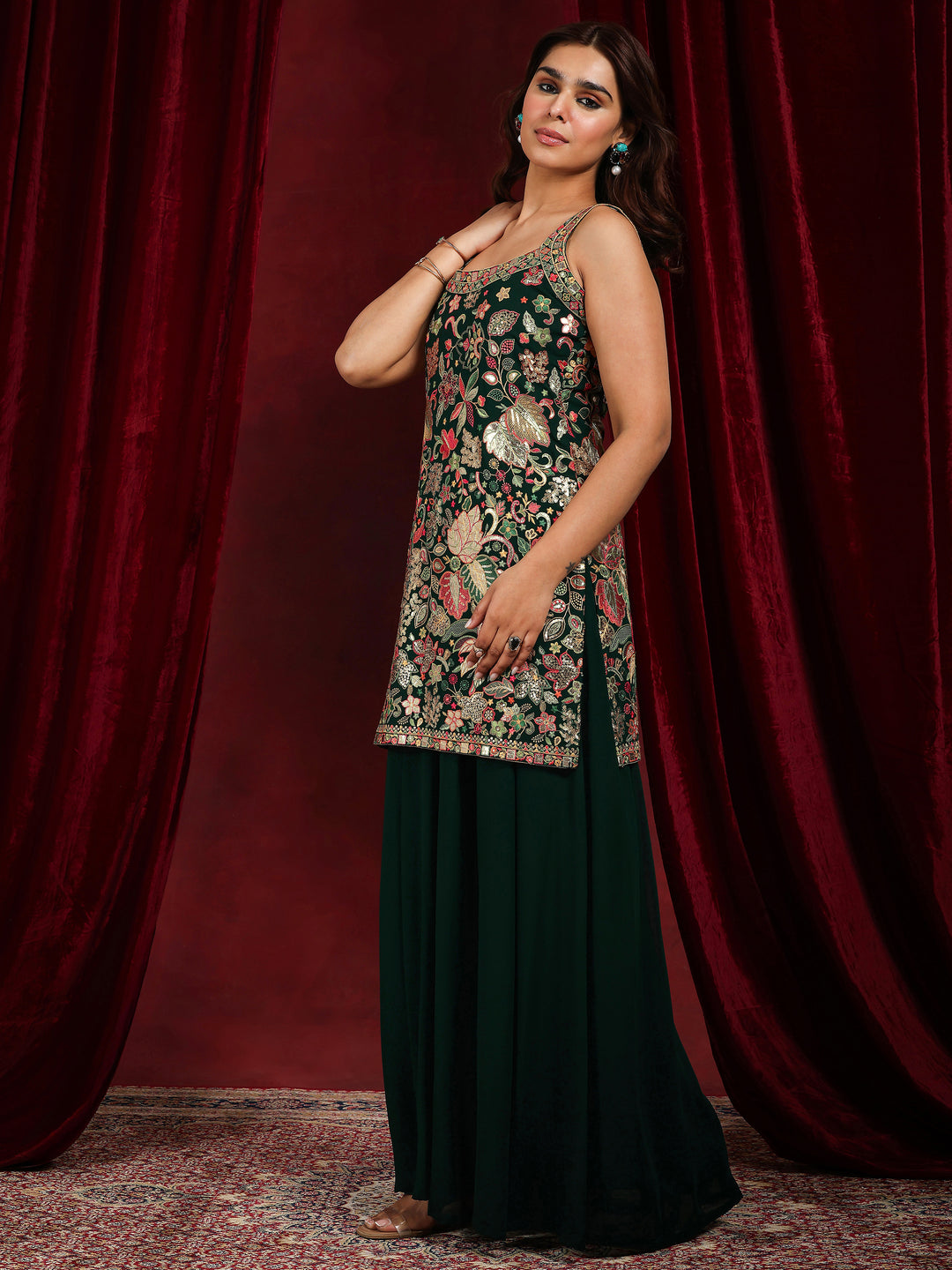 Libas Art Green Embroidered Georgette Straight Suit With Dupatta