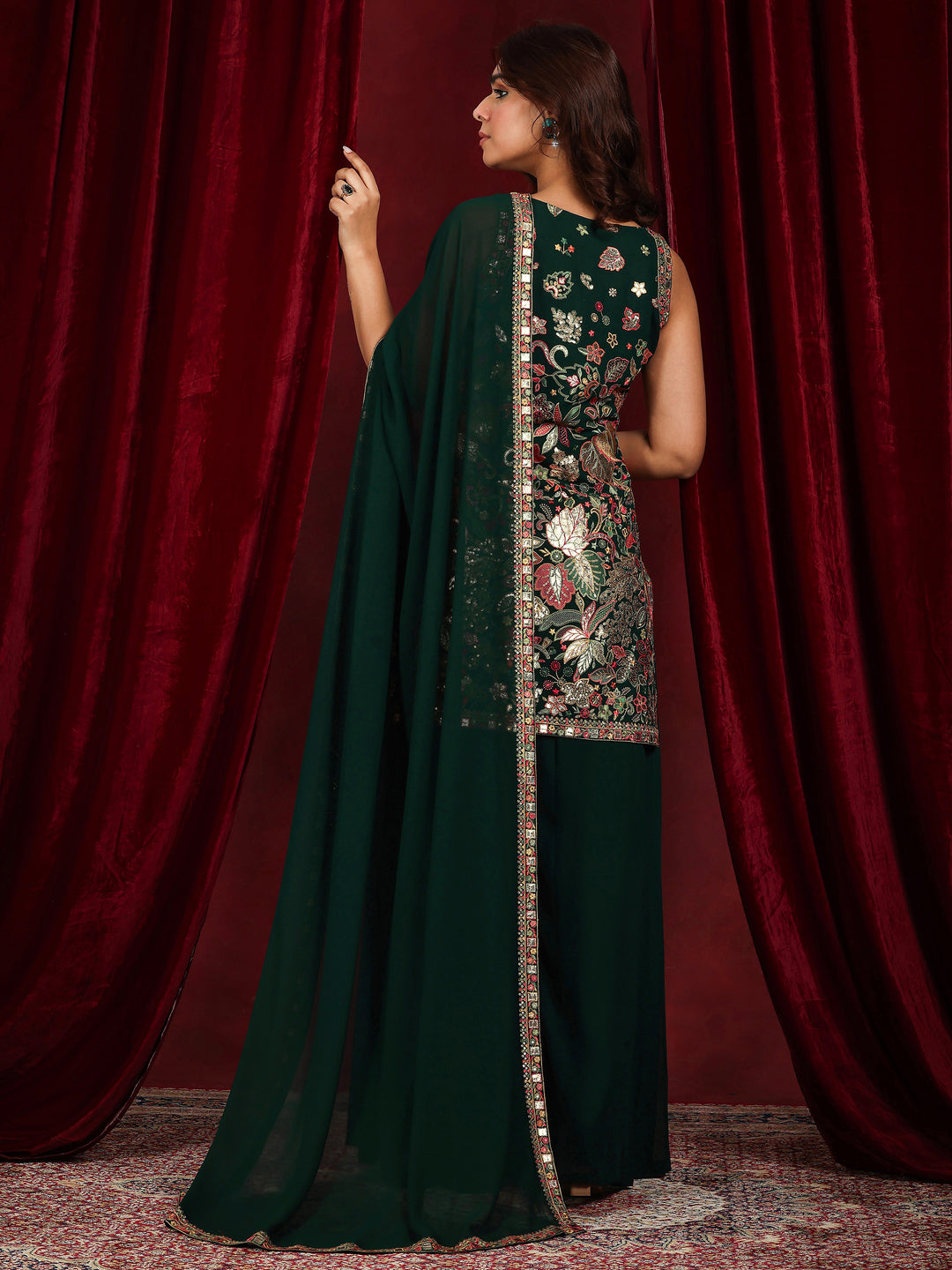 Libas Art Green Embroidered Georgette Straight Suit With Dupatta