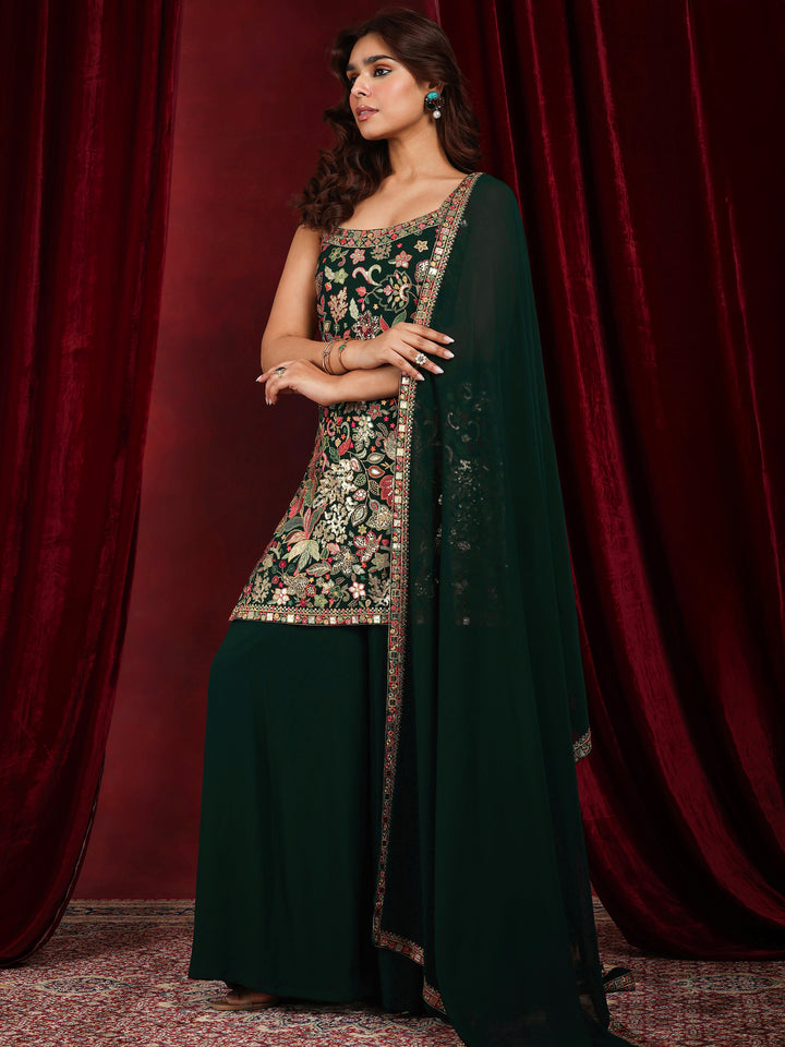 Libas Art Green Embroidered Georgette Straight Suit With Dupatta