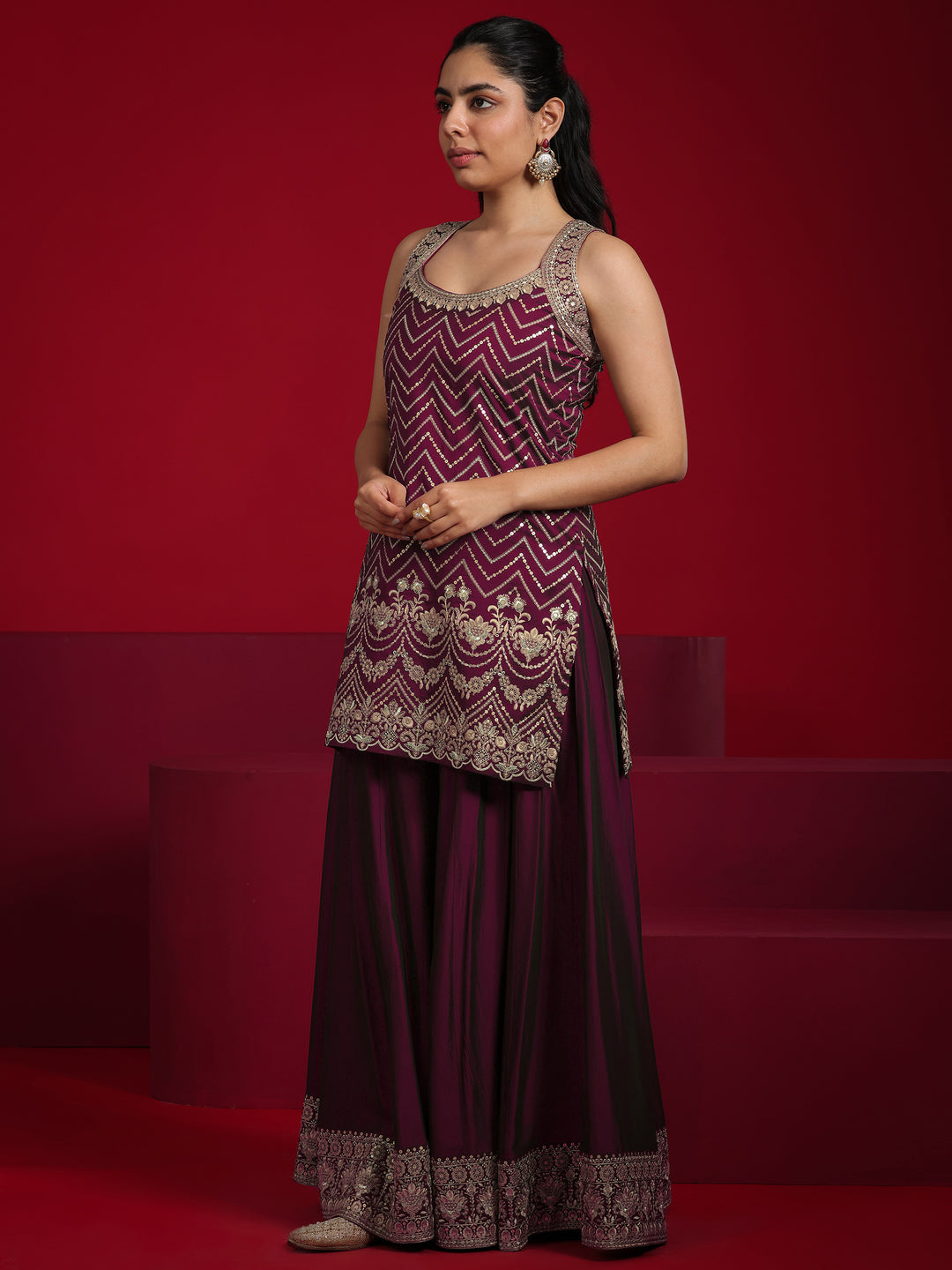 Libas Art Wine Embroidered Silk Blend Straight Suit With Dupatta