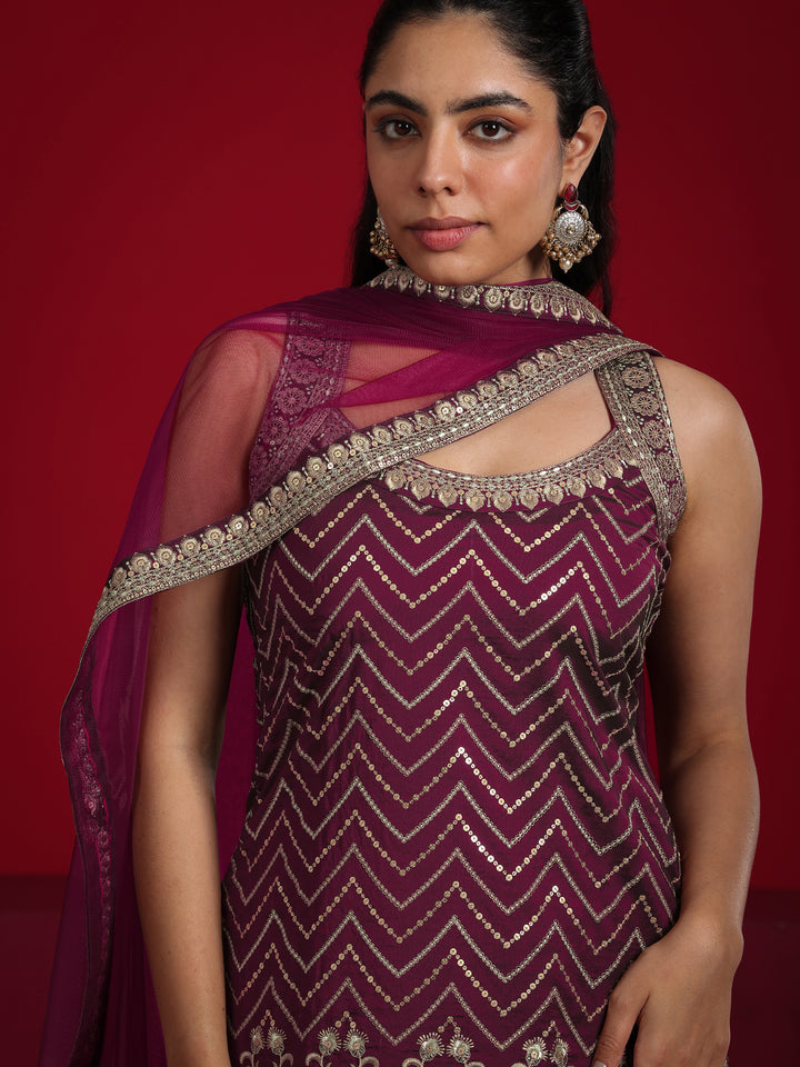 Libas Art Wine Embroidered Silk Blend Straight Suit With Dupatta