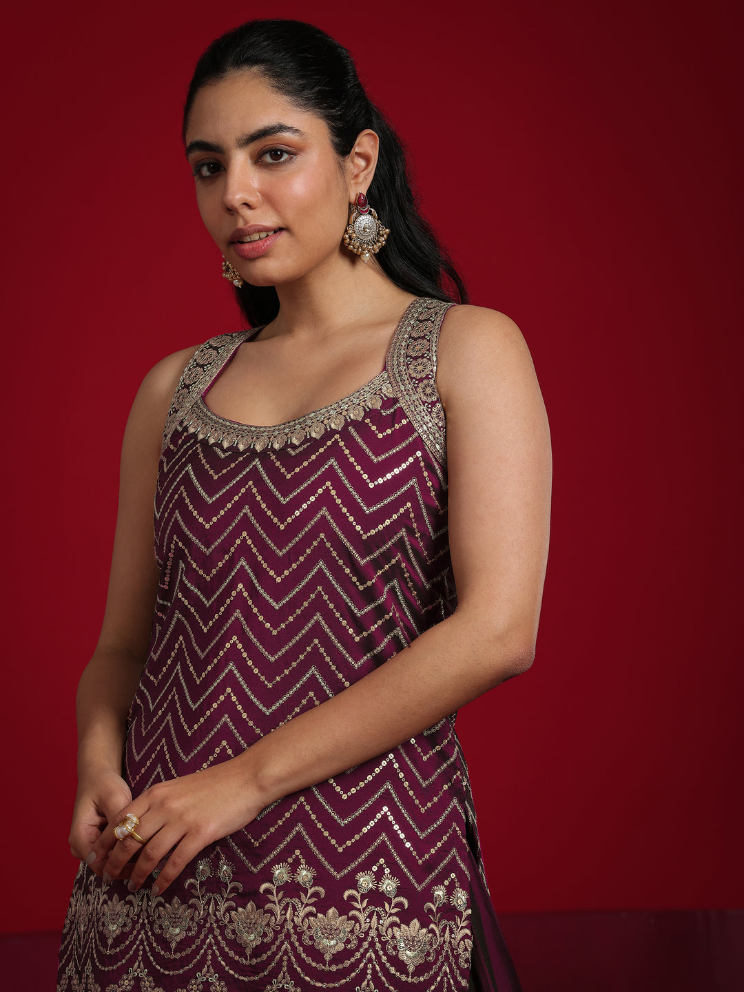 Libas Art Wine Embroidered Silk Blend Straight Suit With Dupatta