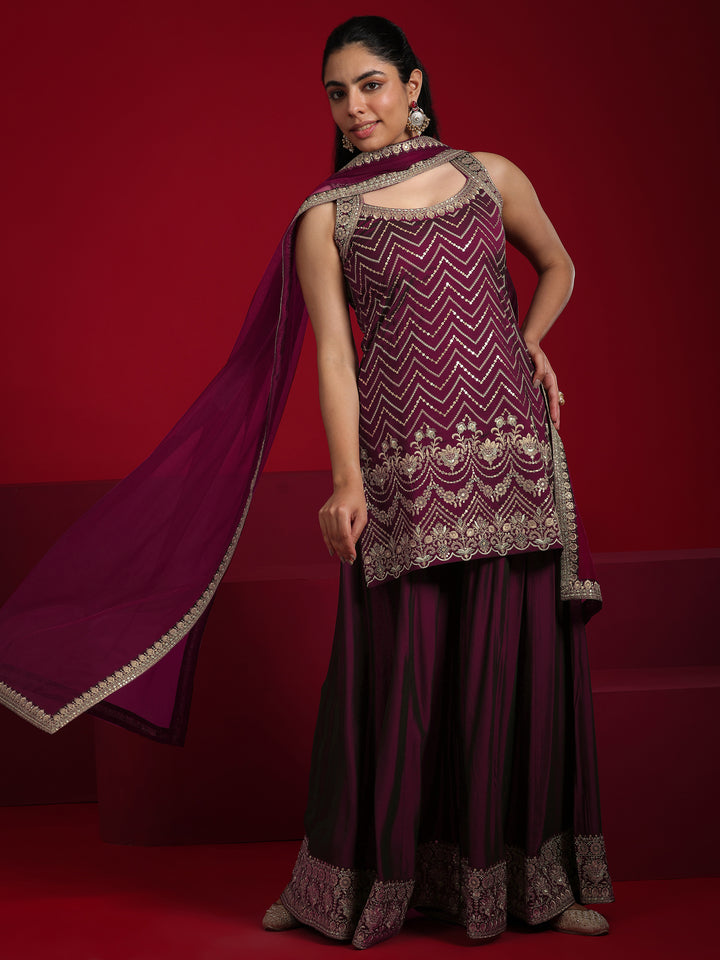 Libas Art Wine Embroidered Silk Blend Straight Suit With Dupatta