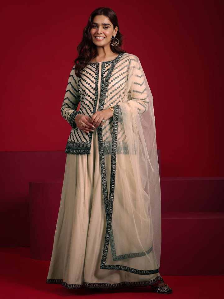 Libas Art Beige Embroidered Silk Blend A-line Suit With Dupatta