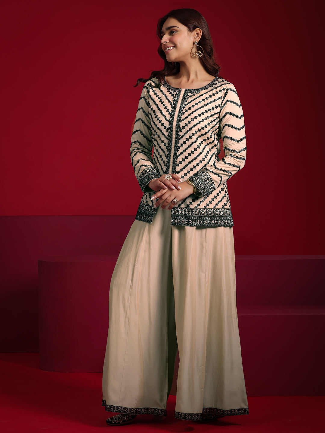 Libas Art Beige Embroidered Silk Blend A-line Suit With Dupatta