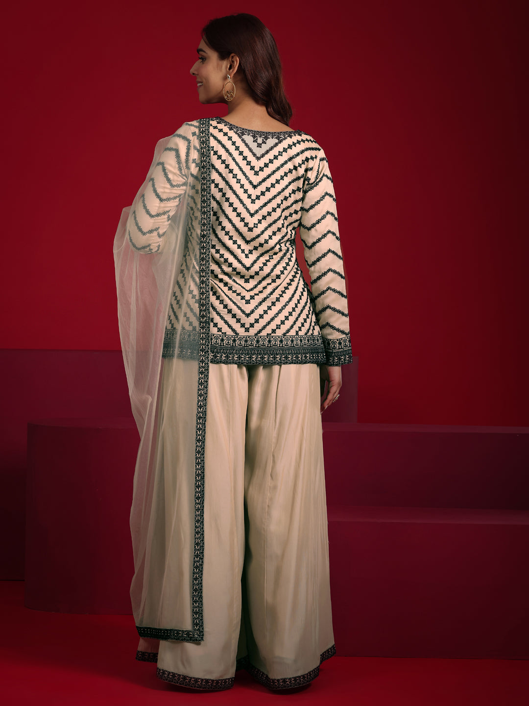 Libas Art Beige Embroidered Silk Blend A-line Suit With Dupatta