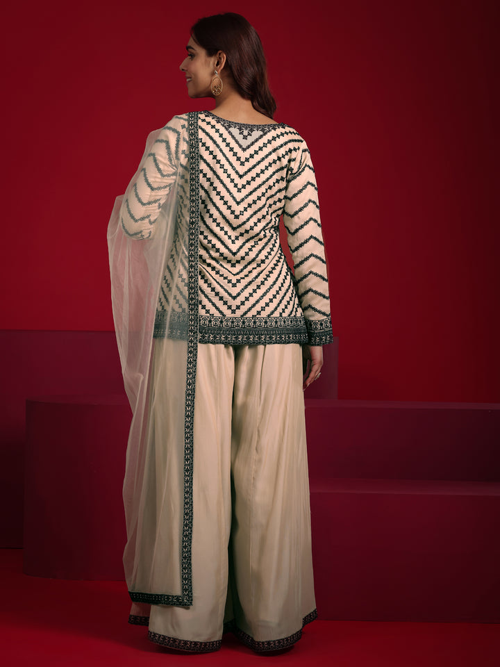 Libas Art Beige Embroidered Silk Blend A-line Suit With Dupatta