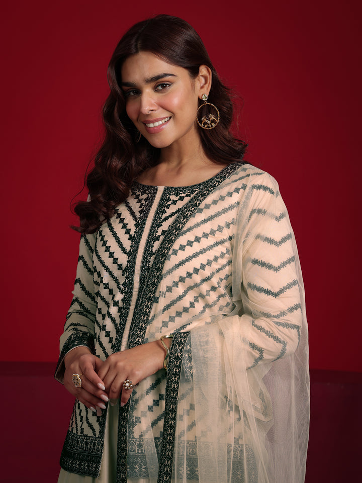 Libas Art Beige Embroidered Silk Blend A-line Suit With Dupatta