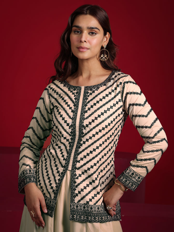 Libas Art Beige Embroidered Silk Blend A-line Suit With Dupatta