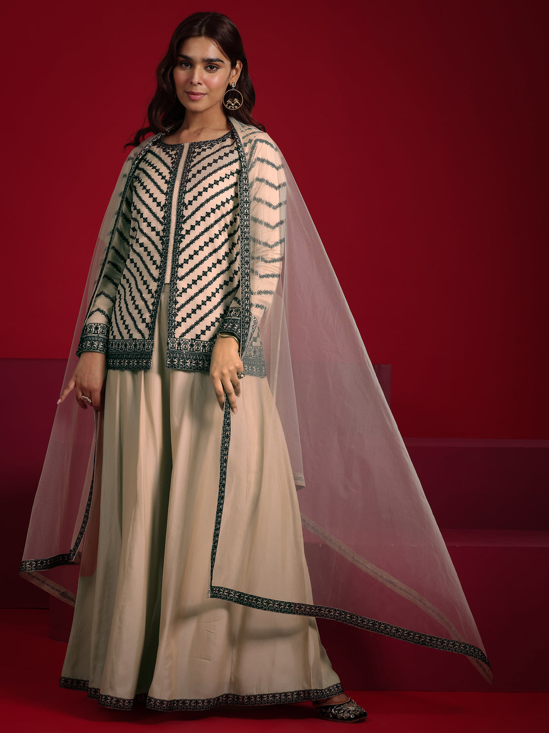 Libas Art Beige Embroidered Silk Blend A-line Suit With Dupatta