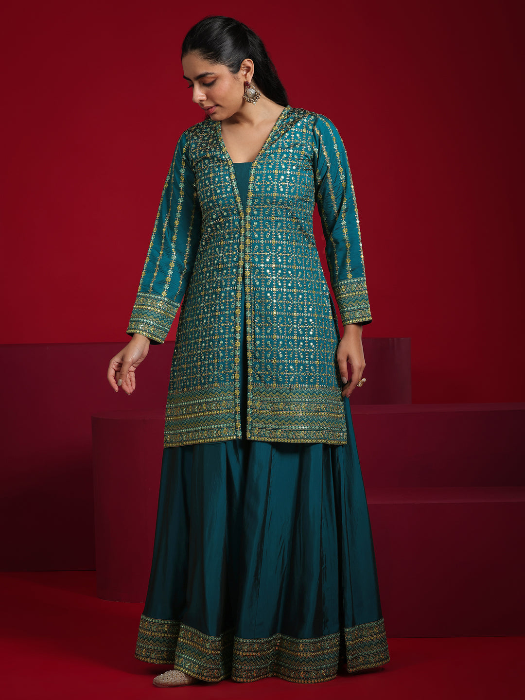 Libas Art Teal Embroidered Silk Blend Straight Suit With Dupatta