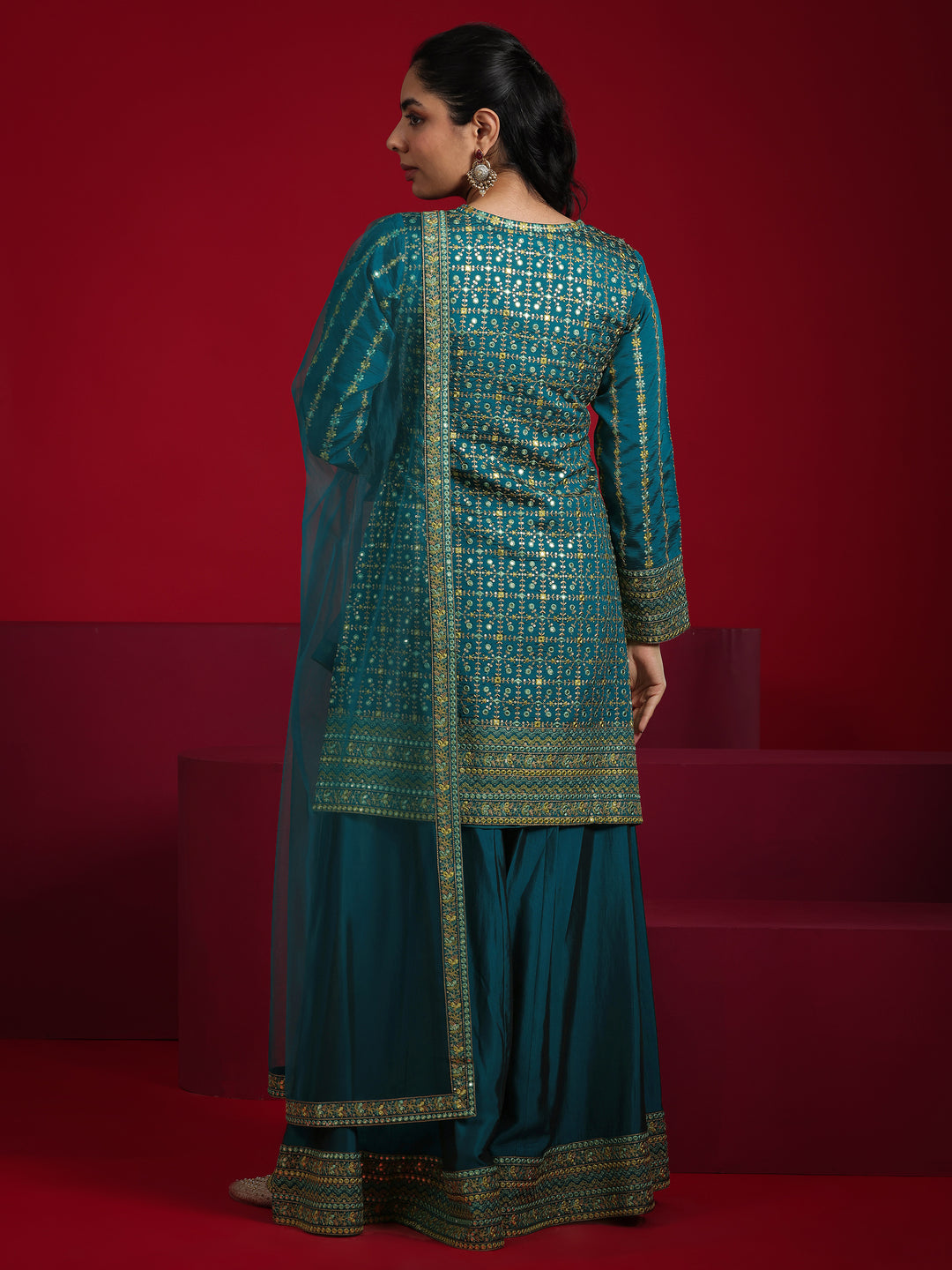 Libas Art Teal Embroidered Silk Blend Straight Suit With Dupatta