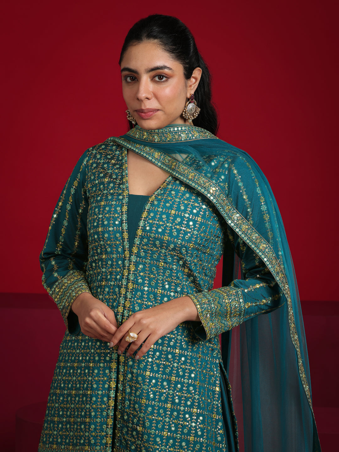 Libas Art Teal Embroidered Silk Blend Straight Suit With Dupatta