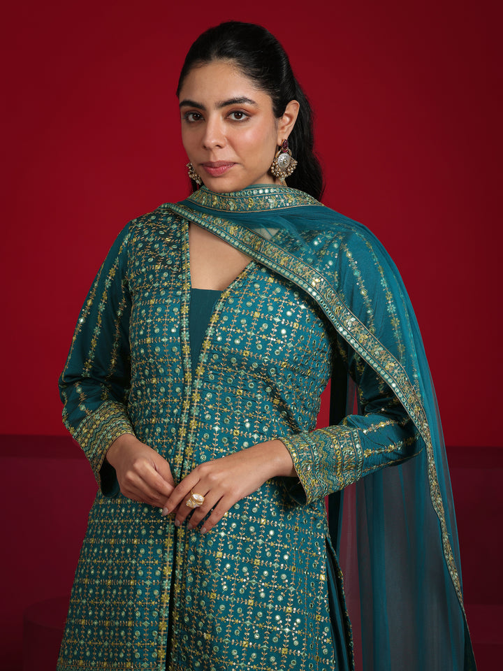 Libas Art Teal Embroidered Silk Blend Straight Suit With Dupatta