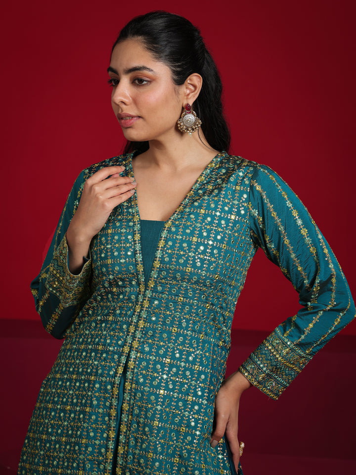 Libas Art Teal Embroidered Silk Blend Straight Suit With Dupatta