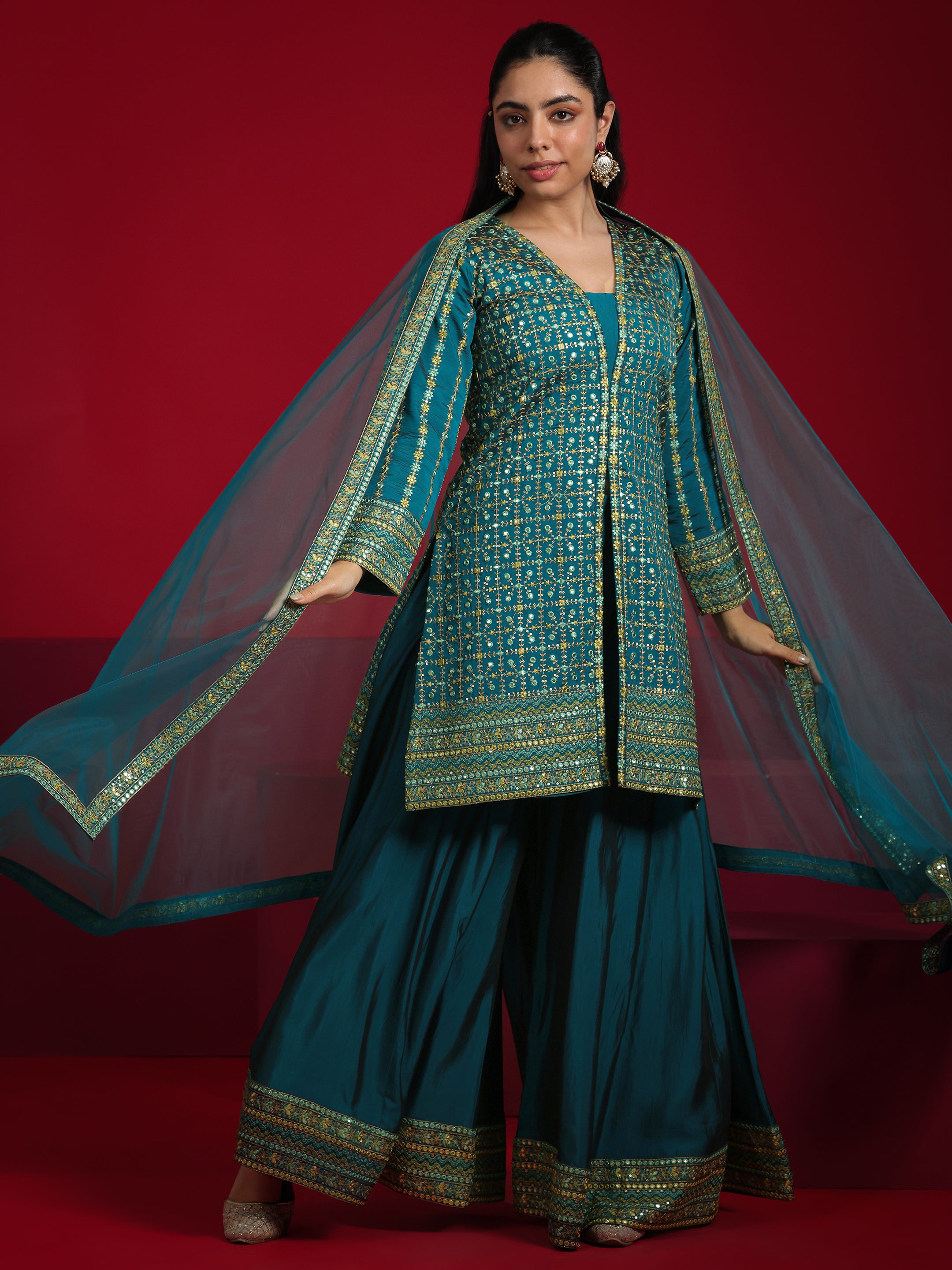 Teal Embroidered Silk Blend Straight Suit Set With Dupatta