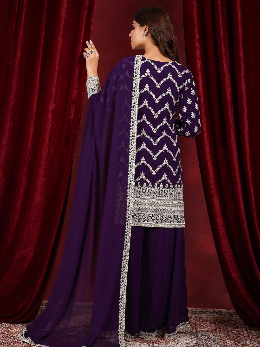 Libas Art Purple Embroidered Georgette Straight Suit With Dupatta