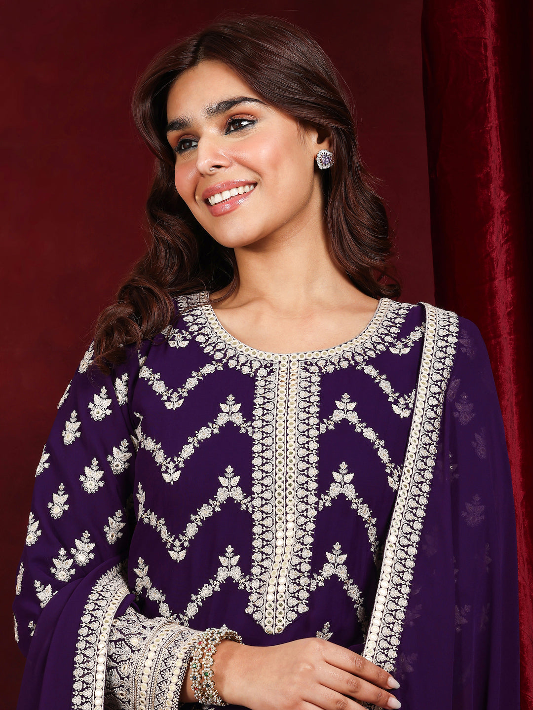 Libas Art Purple Embroidered Georgette Straight Suit With Dupatta