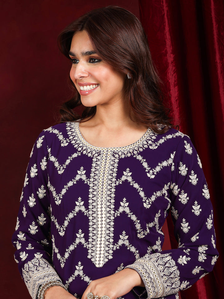 Libas Art Purple Embroidered Georgette Straight Suit With Dupatta