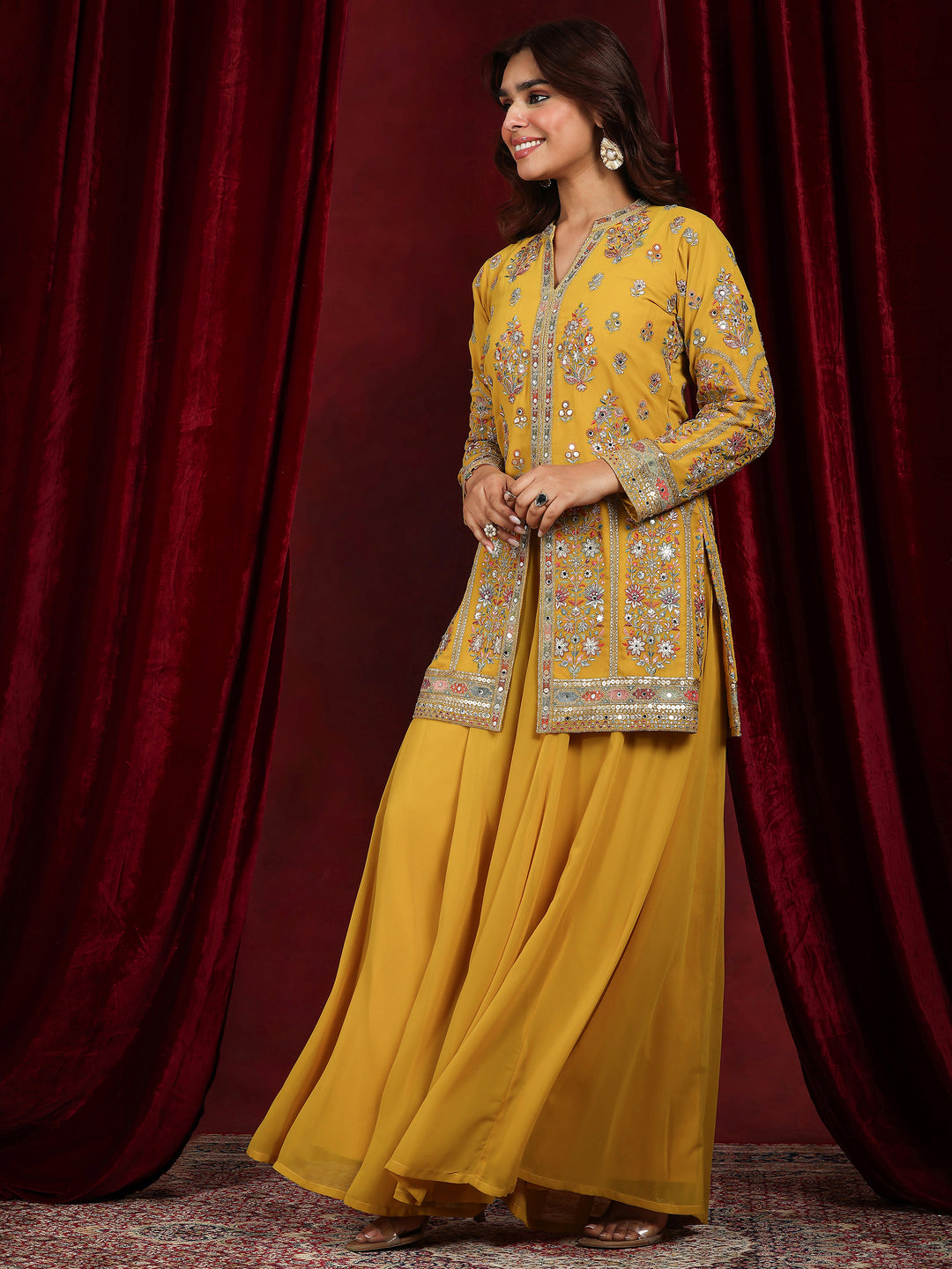 Libas Art Mustard Embroidered Georgette Straight Suit With Dupatta