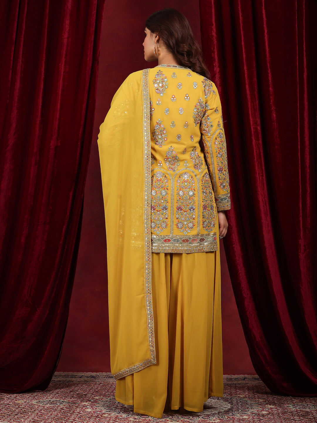 Libas Art Mustard Embroidered Georgette Straight Suit With Dupatta
