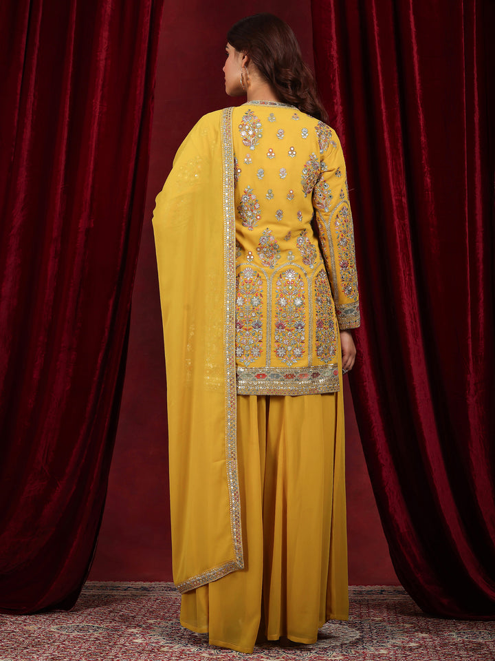Libas Art Mustard Embroidered Georgette Straight Suit With Dupatta