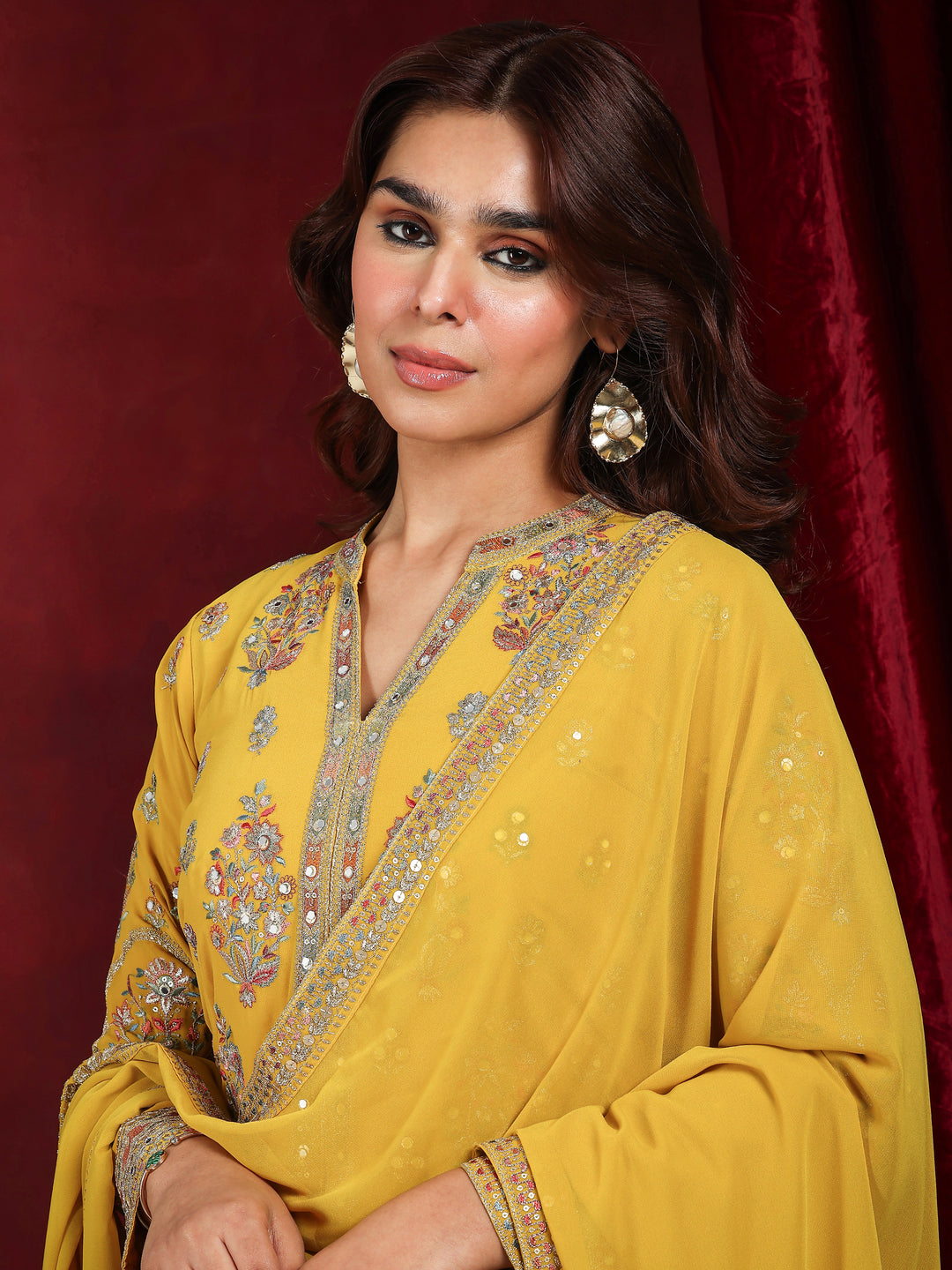 Libas Art Mustard Embroidered Georgette Straight Suit With Dupatta
