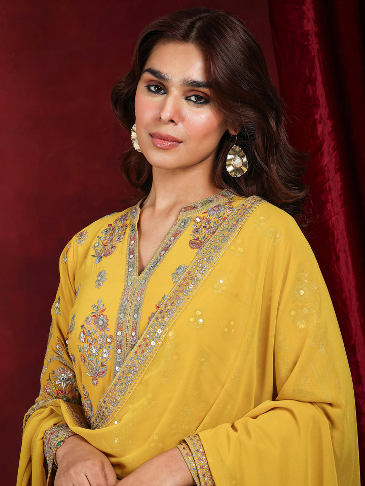 Libas Art Mustard Embroidered Georgette Straight Suit With Dupatta