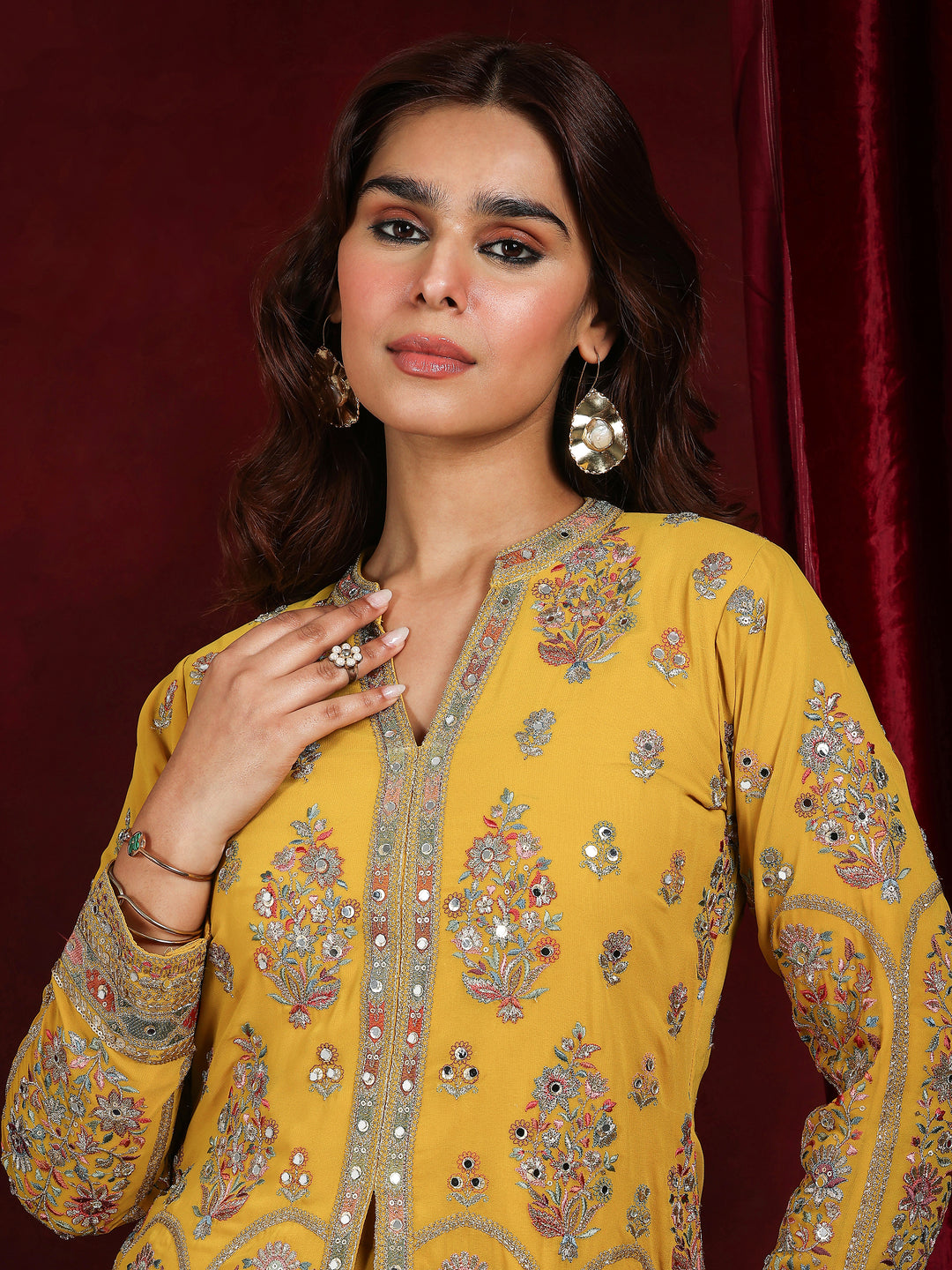 Libas Art Mustard Embroidered Georgette Straight Suit With Dupatta