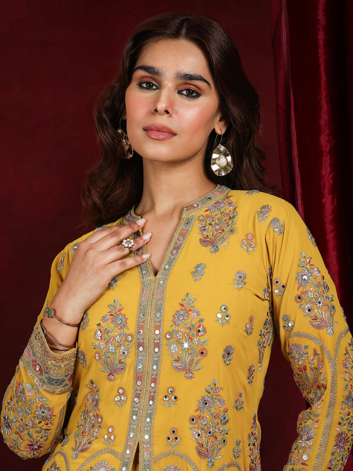 Libas Art Mustard Embroidered Georgette Straight Suit With Dupatta