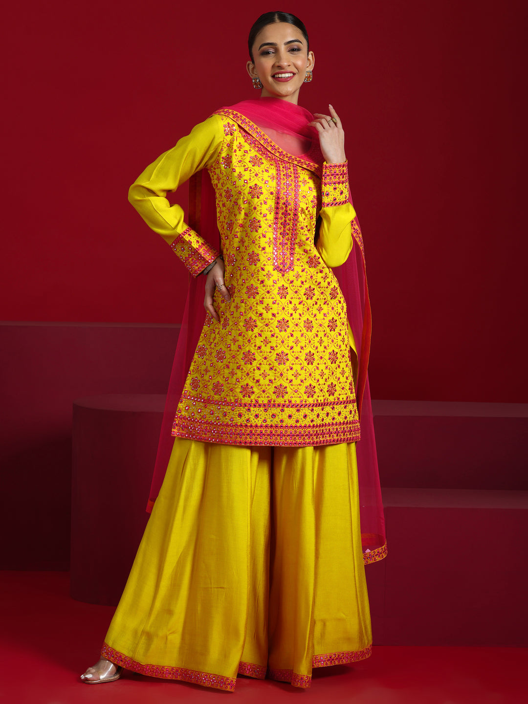 Libas Art Mustard Embroidered Silk Blend Straight Suit With Dupatta