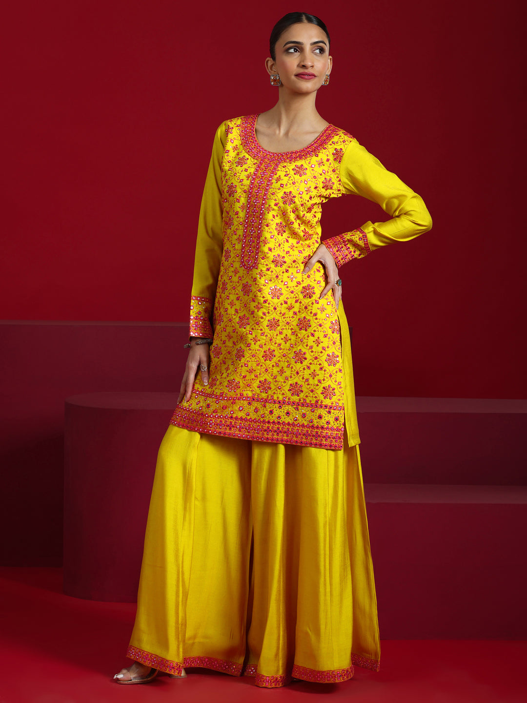 Libas Art Mustard Embroidered Silk Blend Straight Suit With Dupatta