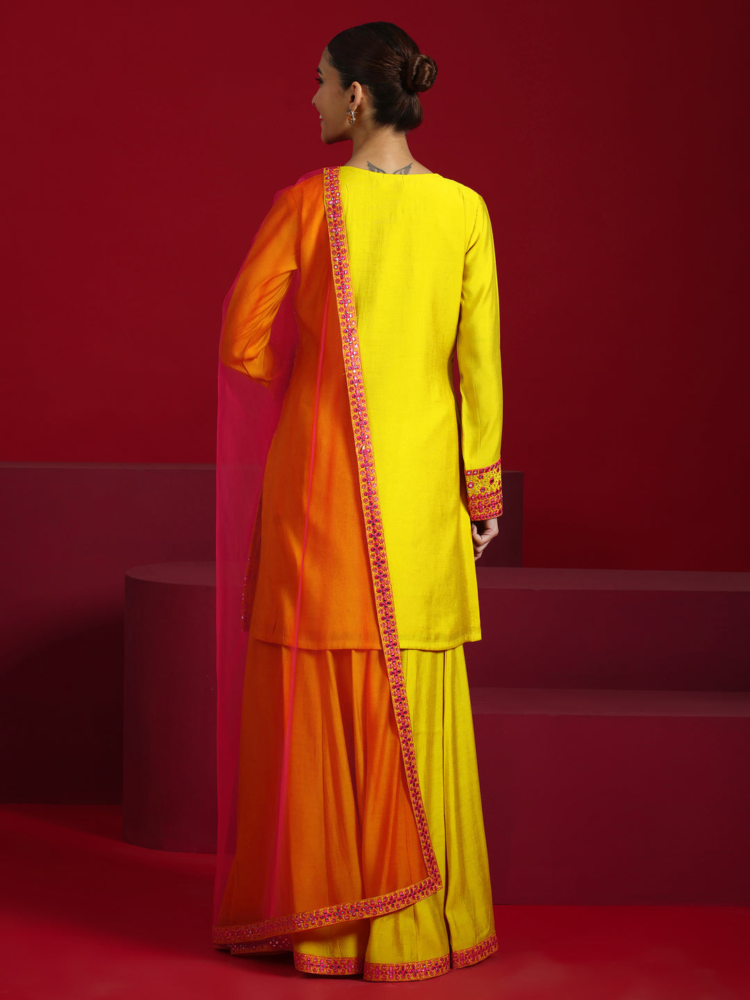 Libas Art Mustard Embroidered Silk Blend Straight Suit With Dupatta
