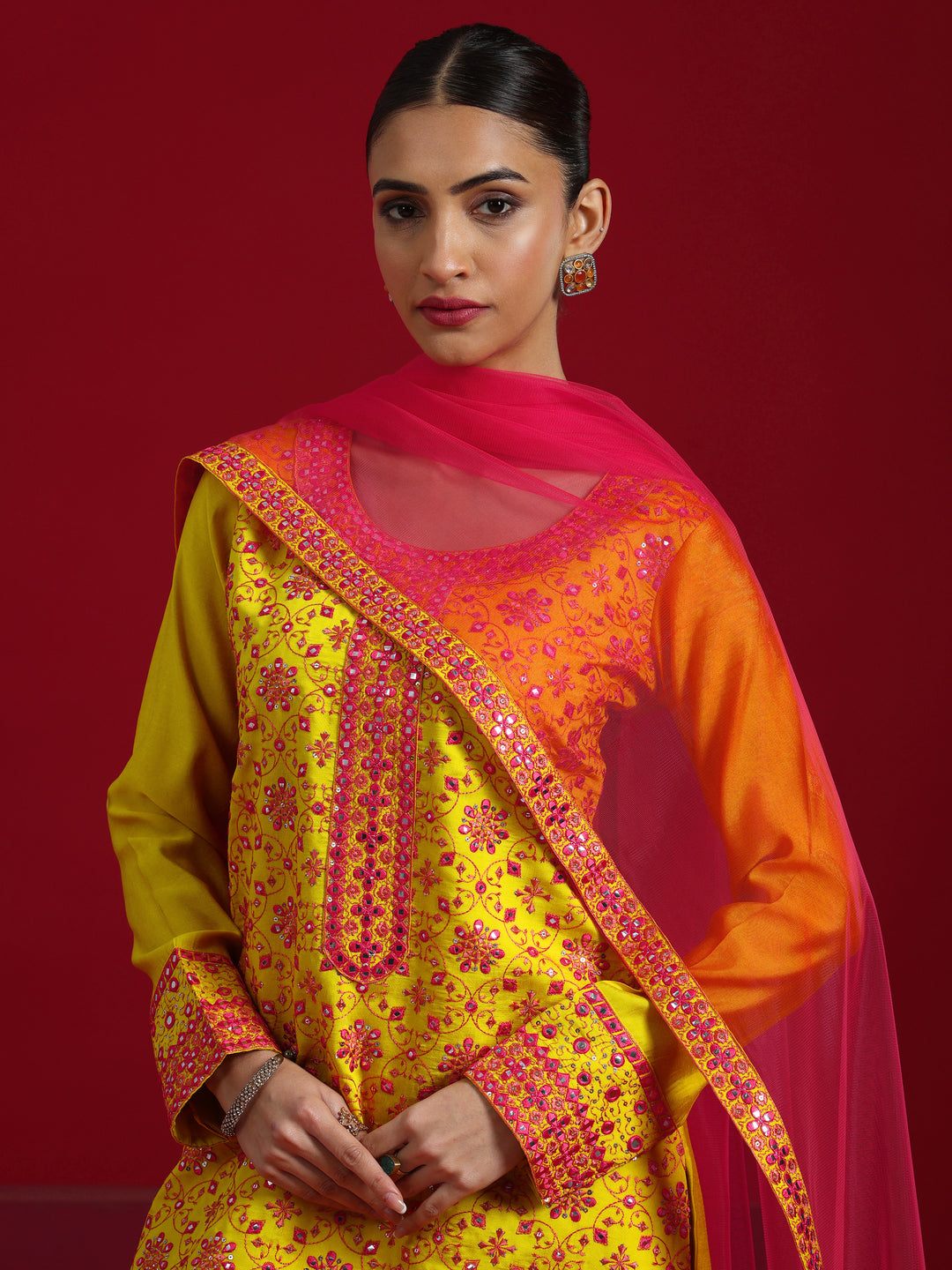 Libas Art Mustard Embroidered Silk Blend Straight Suit With Dupatta