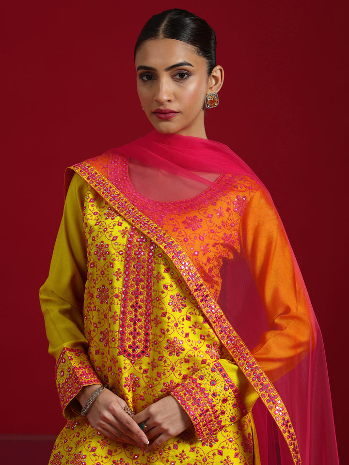 Libas Art Mustard Embroidered Silk Blend Straight Suit With Dupatta