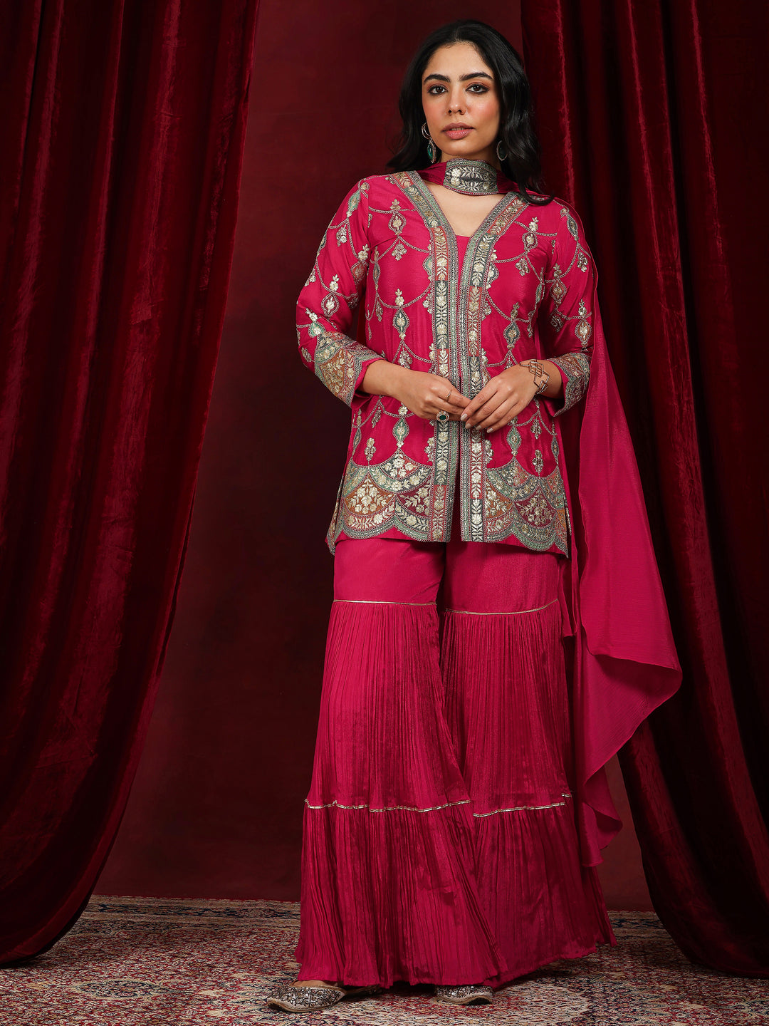 Libas Art Pink Embroidered Silk Blend Straight Suit With Dupatta