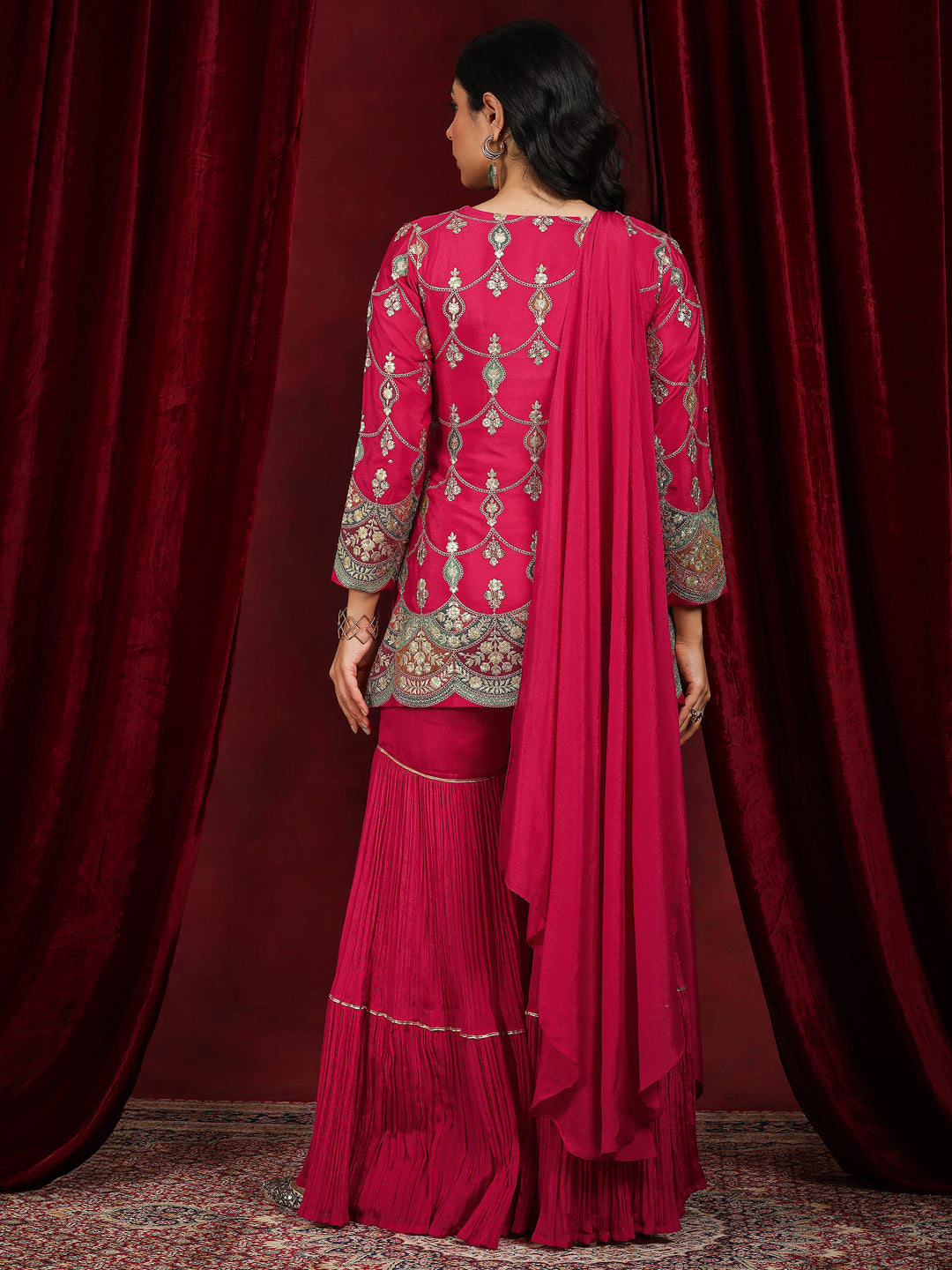 Libas Art Pink Embroidered Silk Blend Straight Suit With Dupatta