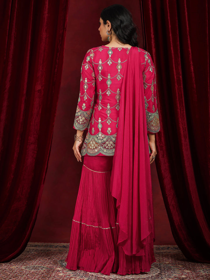 Libas Art Pink Embroidered Silk Blend Straight Suit With Dupatta