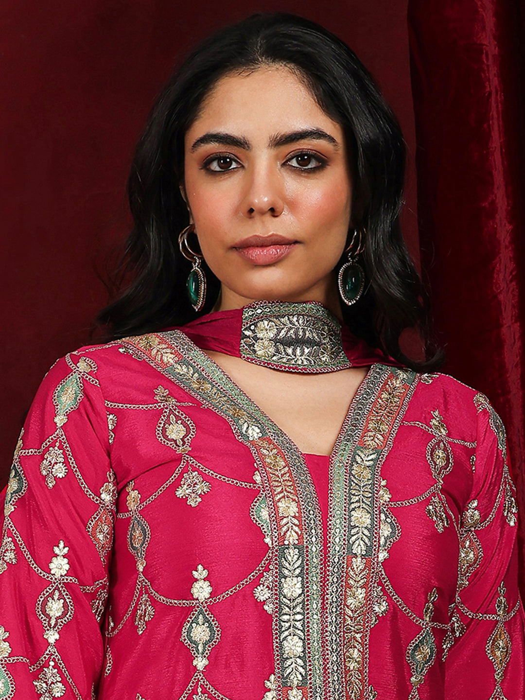 Libas Art Pink Embroidered Silk Blend Straight Suit With Dupatta